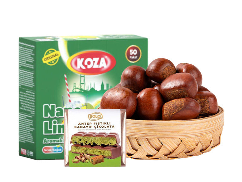Warm Chestnut Moments Bundle – Turkish Chestnuts, Dubai Pistachio Qatayef Chocolate & KOZA Mint Lemon Tea