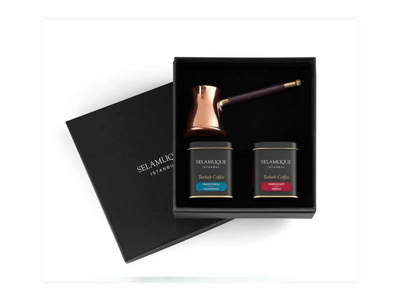 Selamlique Turkish Coffee Set with Copper Cezve Pot (2 x 125g Arabica Ground Coffee)