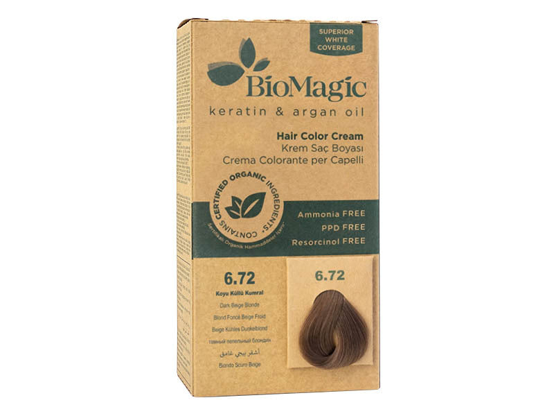 Biomagic Organic Hair Color Cream 6.72 Dark Beige Blonde, Keratin & Argan Oil