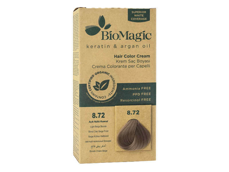BioMagic Organic Hair Color Cream Light Ash Brown 8.72, Ammonia-Free with Keratin & Argan Oil