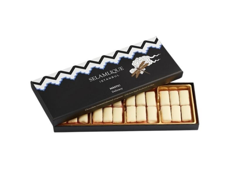 Selamlique Mastic Turkish Delight 170g Chocolate Covered Almond Croquants with Pistachio