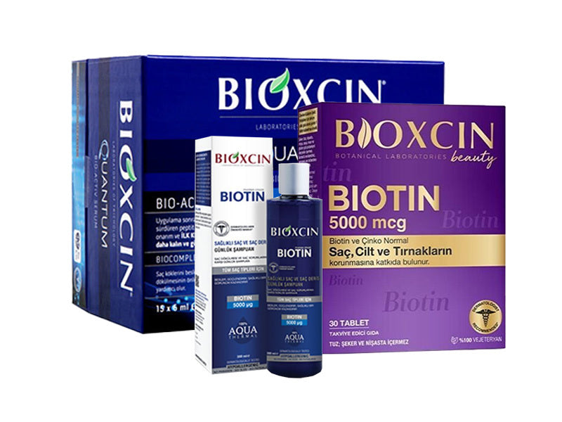 Bioxcin Platinium Hair Care Set with Quantum Serum Ampoules, Biotin Shampoo and Biotin Tablets