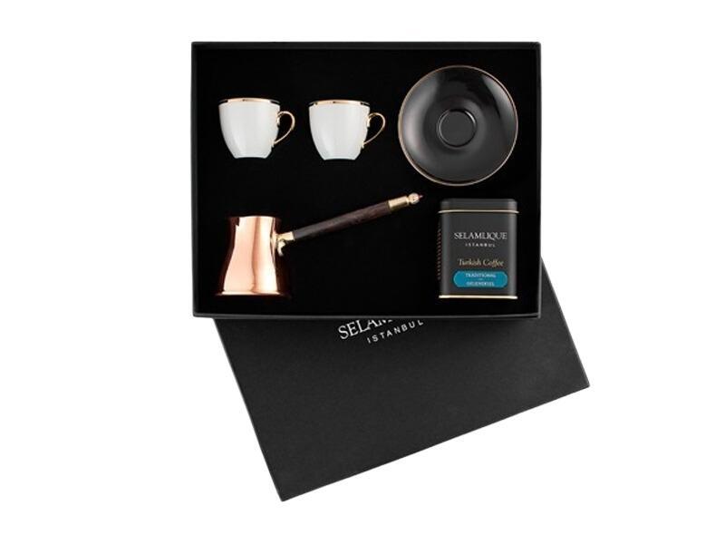 Selamlique Turkish Coffee Gift Set with Copper Cezve and 2 Porcelain Cups (125g)