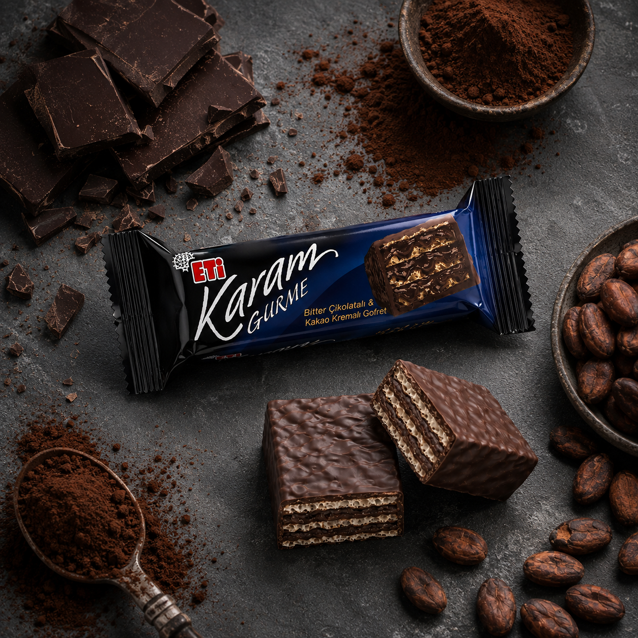 Eti Karam Dark Chocolate Wafer with Cocoa Cream - 50 g, 18 Pieces