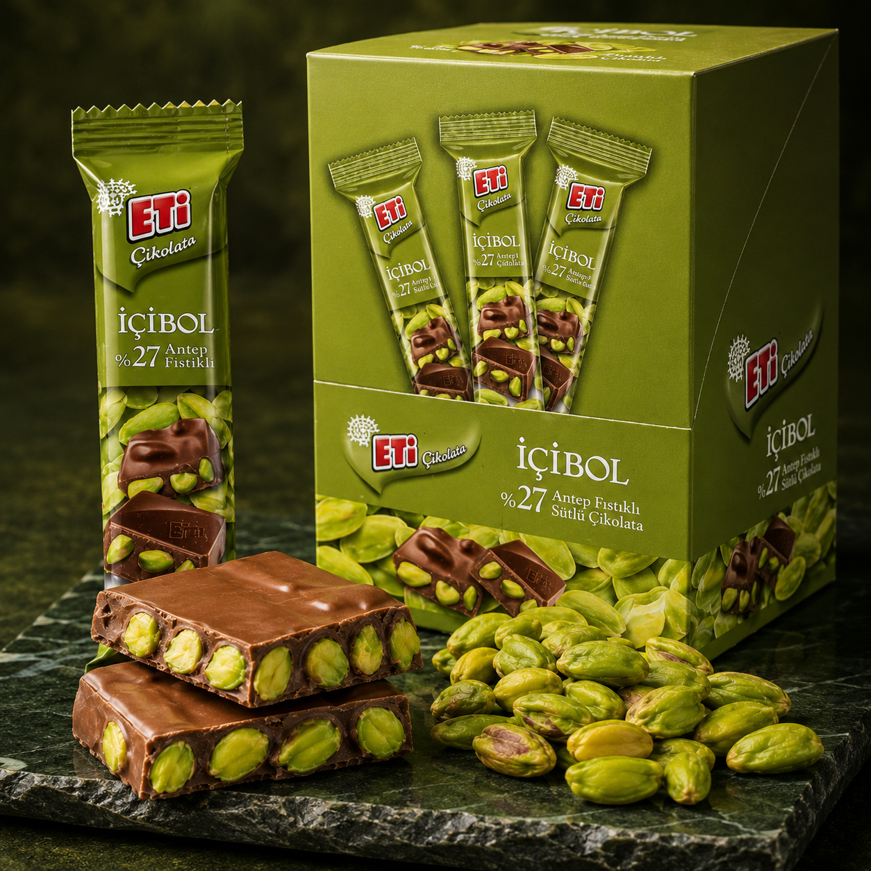 Eti İcibol Pistachio Milk Chocolate Bars 30g x 12 Pack