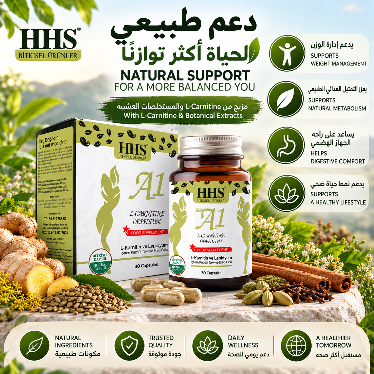 HHS A1 Dietary Supplement with L-Carnitine & Botanical Extracts - 30 Count