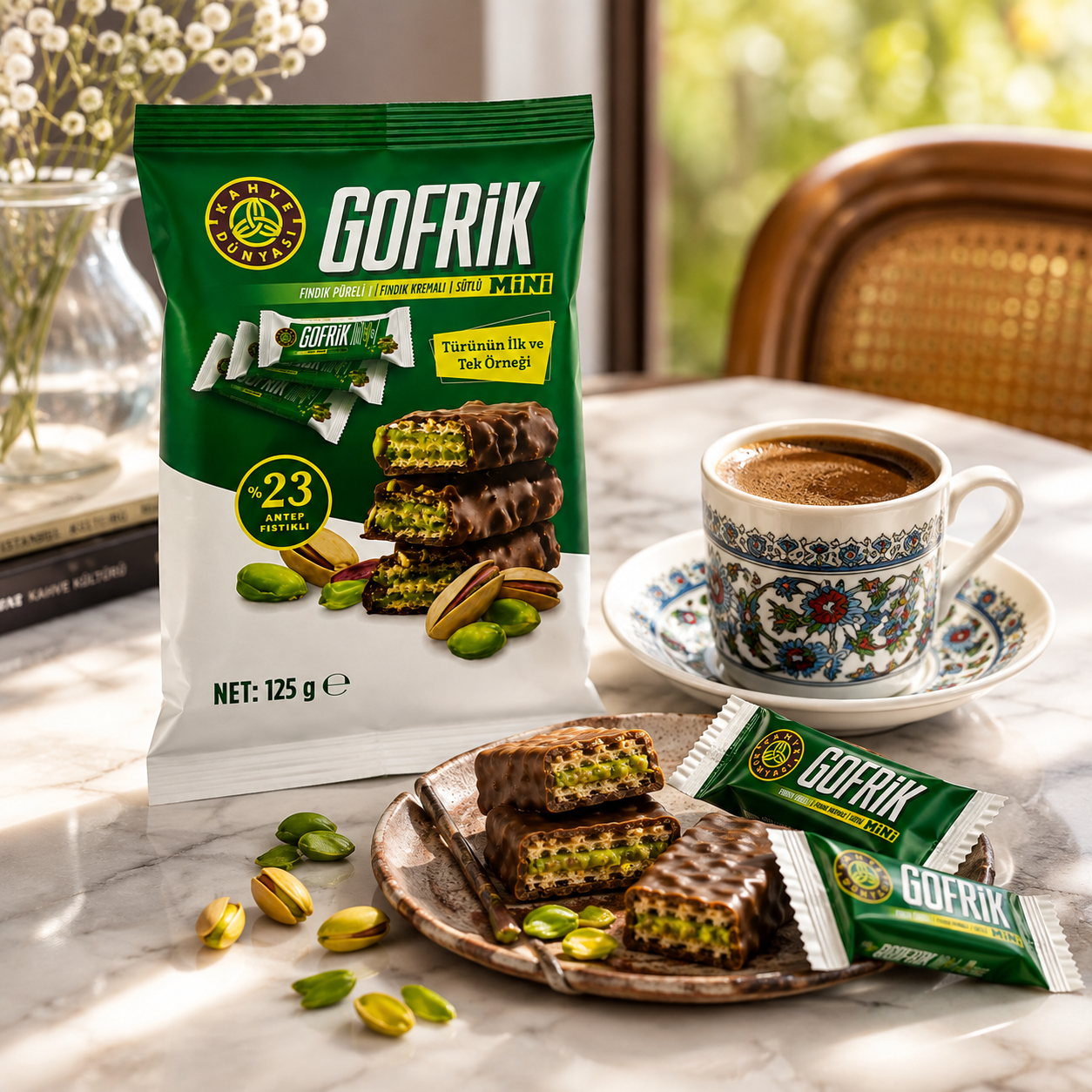 Kahve Dunyasi Gofrik Milk Chocolate Wafer with Pistachio Paste - 125 g, 10 Pieces