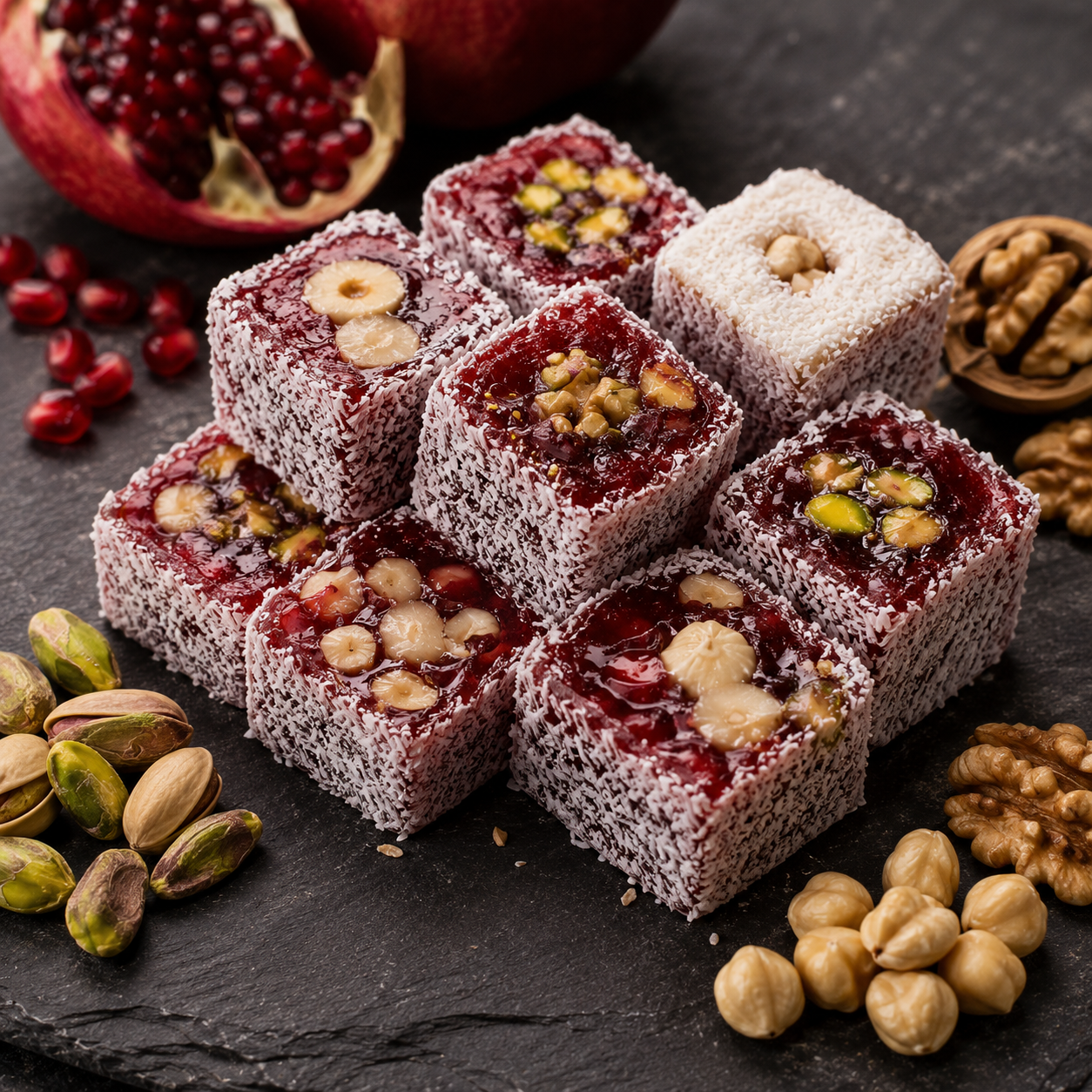 لوكوم أتوليزي راحة الحلقوم بالرمان والمكسرات المشكلة - 850غ
