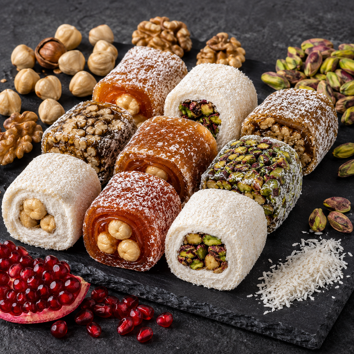 Mixed Turkish Delight Rolls - Pomegranate Pistachio, Hazelnut & Walnut - 800g