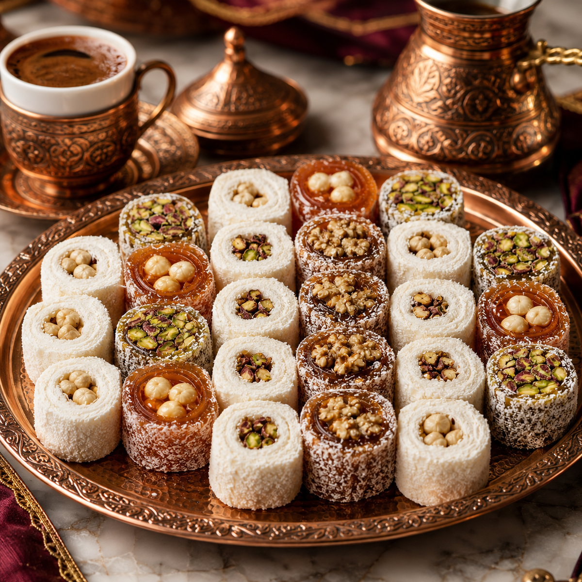 Mixed Turkish Delight Rolls - Pomegranate Pistachio, Hazelnut & Walnut - 800g