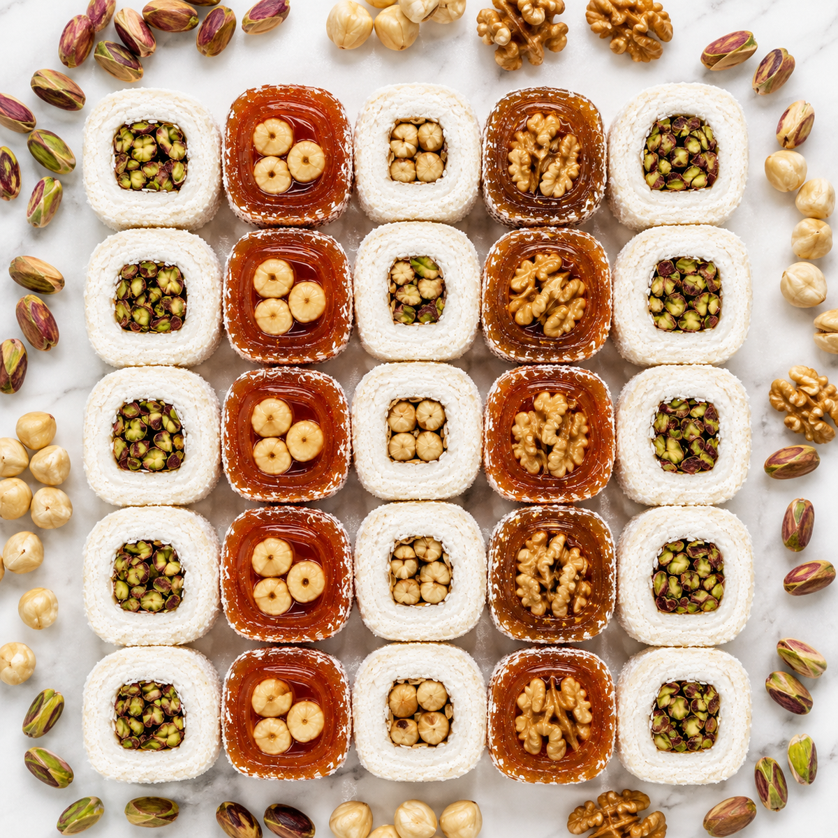 Mixed Turkish Delight Rolls - Pomegranate Pistachio, Hazelnut & Walnut - 800g
