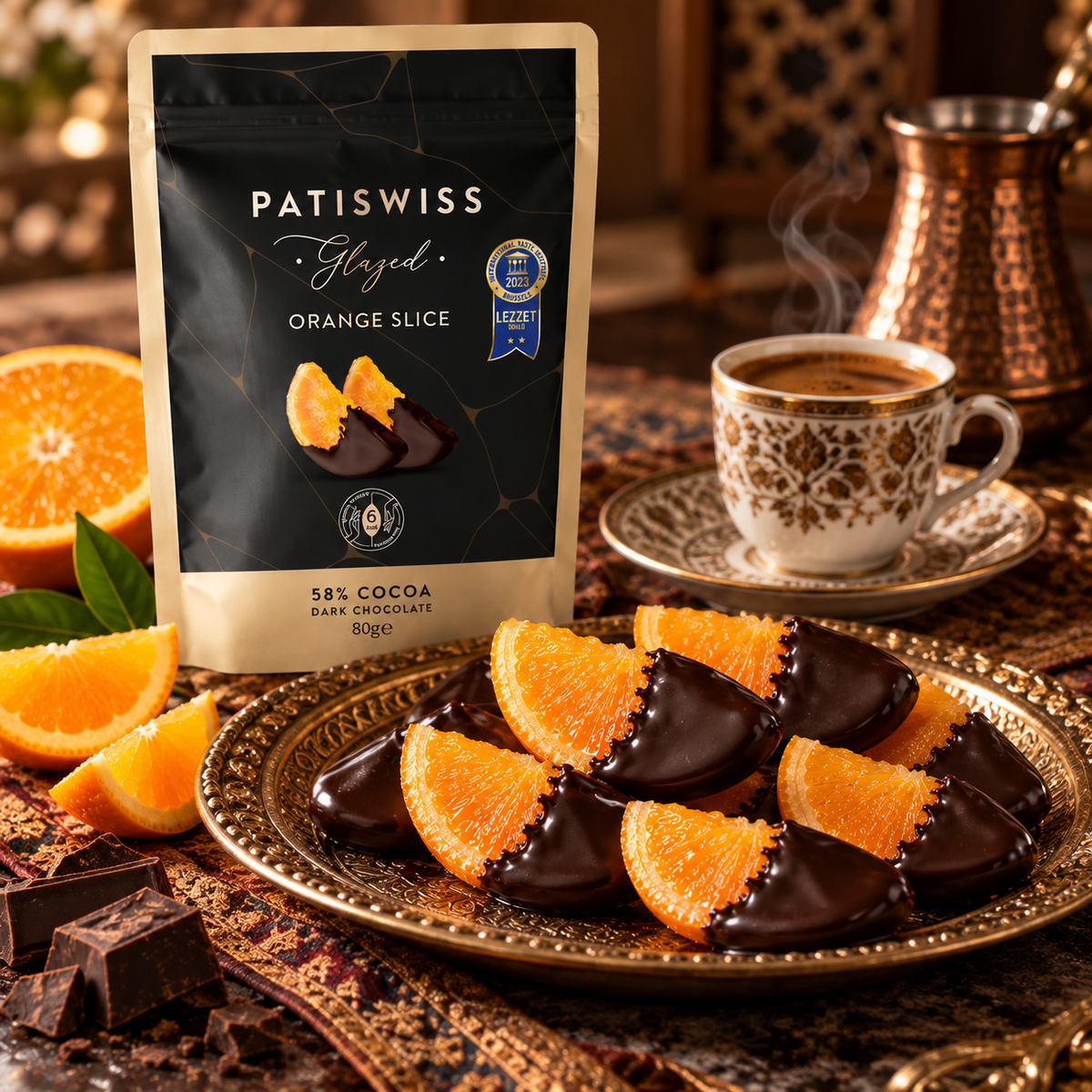 Patiswiss Dark Chocolate-Coated Orange Slices - 58% Cocoa - 80g