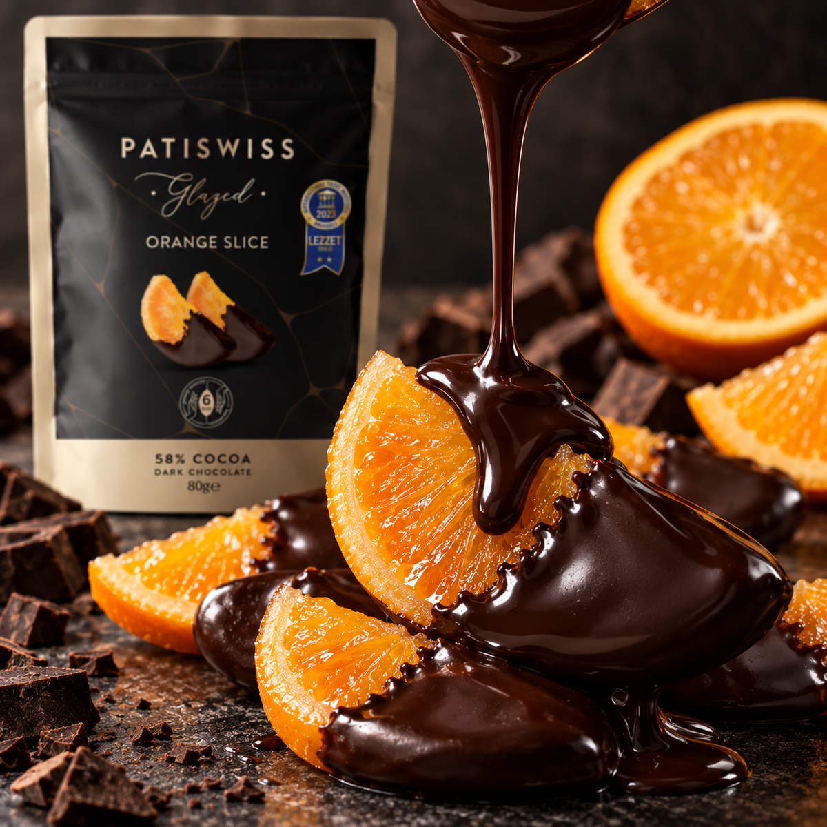 Patiswiss Dark Chocolate-Coated Orange Slices - 58% Cocoa - 80g