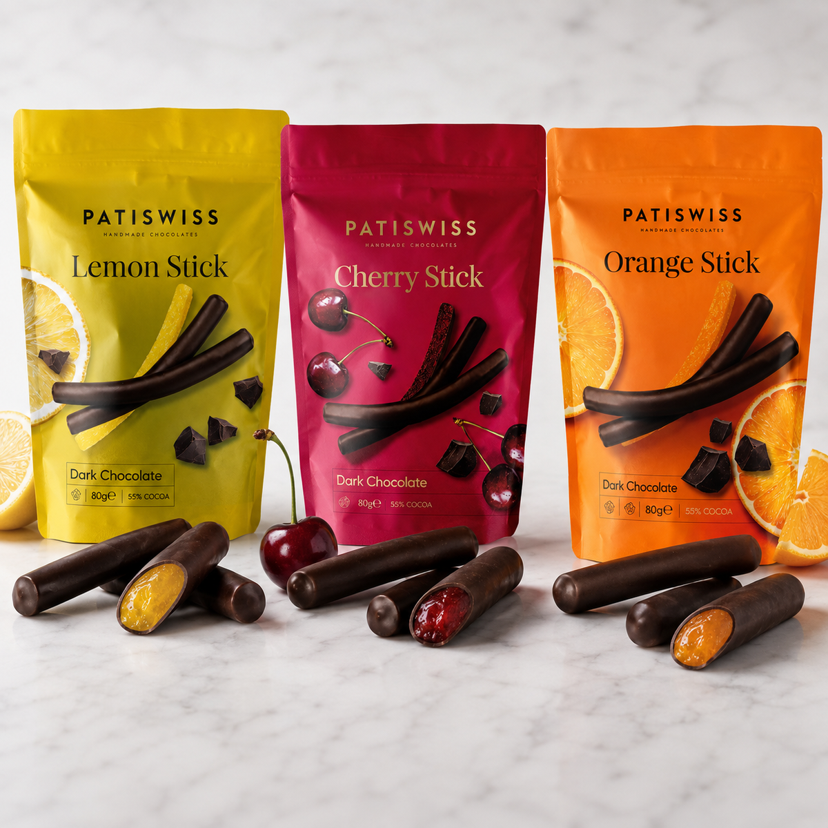 Patiswiss Dark Chocolate Fruit Sticks - Orange, Lemon & Cherry - 3 x 80 g
