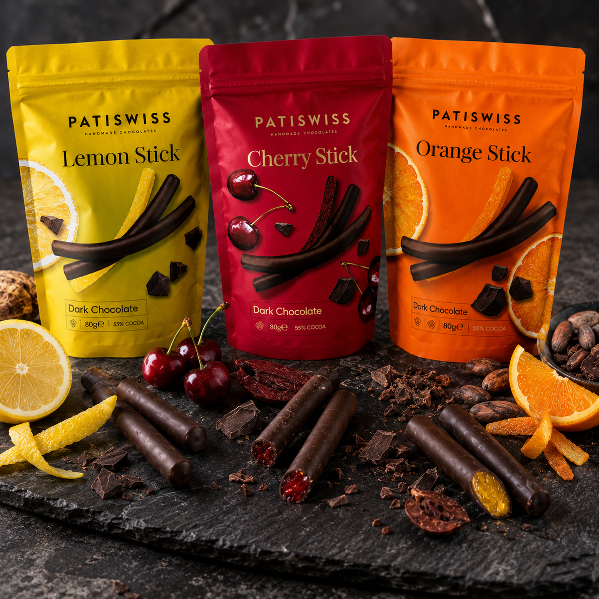 Patiswiss Dark Chocolate Fruit Sticks - Orange, Lemon & Cherry - 3 x 80 g