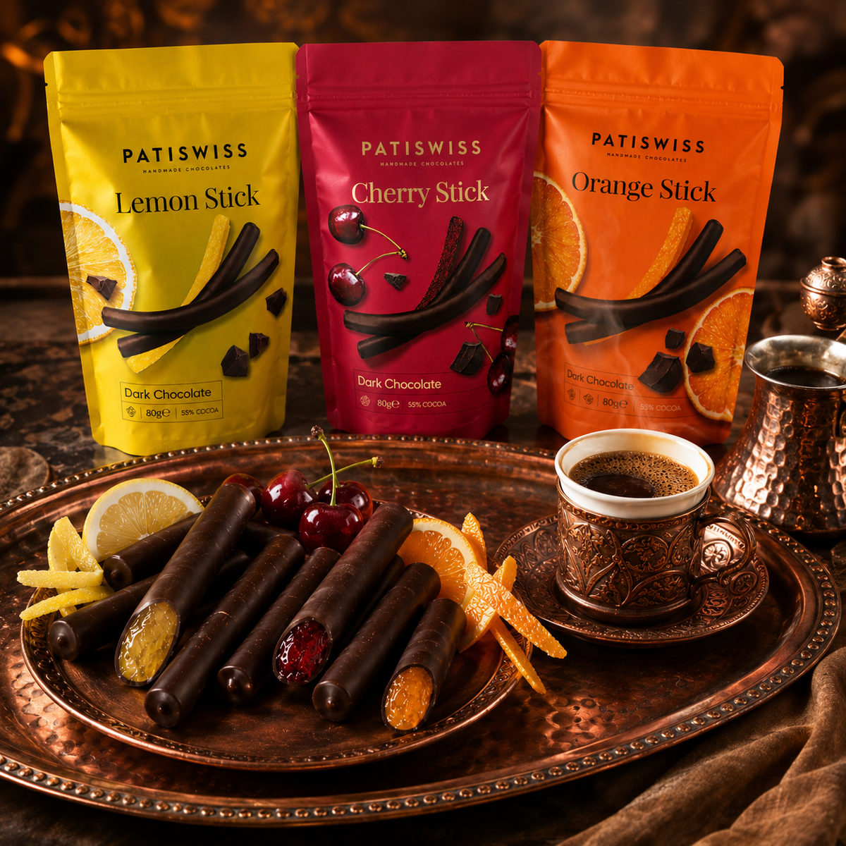 Patiswiss Dark Chocolate Fruit Sticks - Orange, Lemon & Cherry - 3 x 80 g