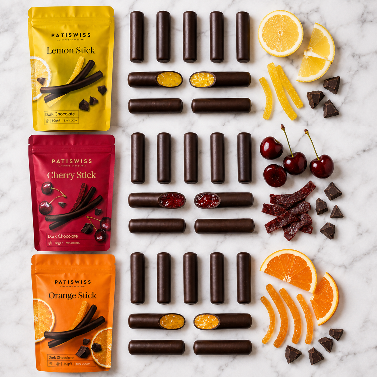 Patiswiss Dark Chocolate Fruit Sticks - Orange, Lemon & Cherry - 3 x 80 g