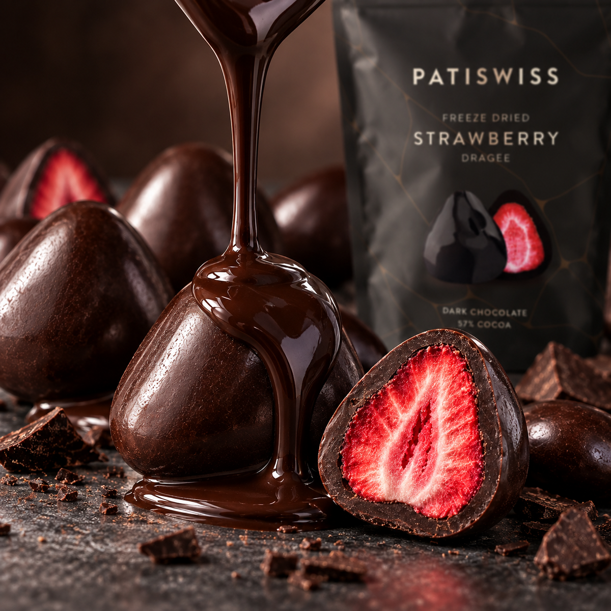 Patiswiss Dark Chocolate Strawberry Dragees - 85% Cocoa - 80g