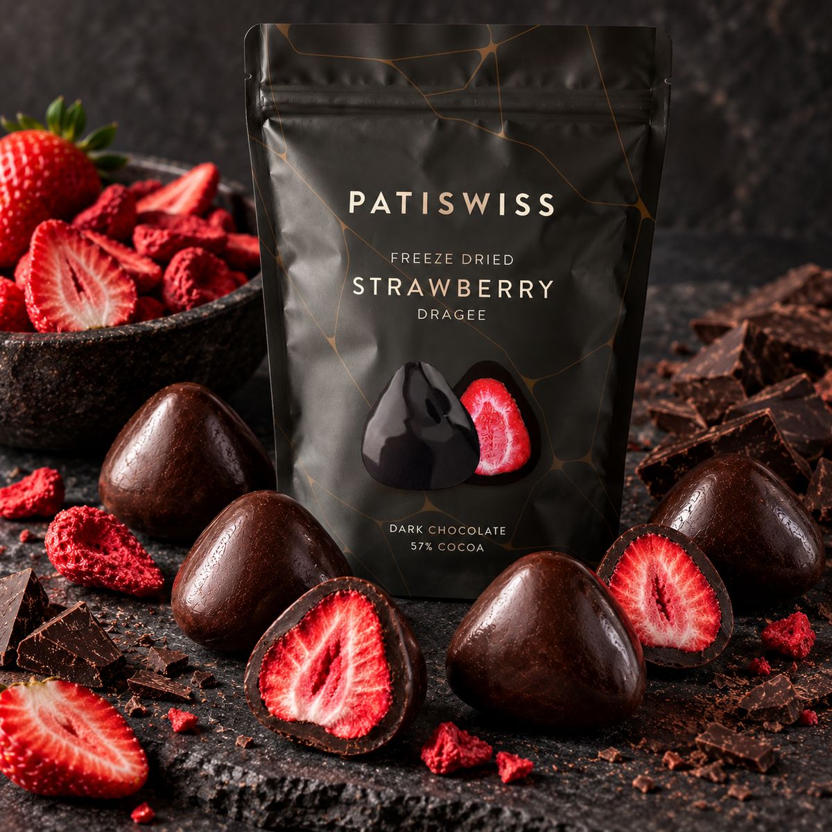 Patiswiss Dark Chocolate Strawberry Dragees - 85% Cocoa - 80g