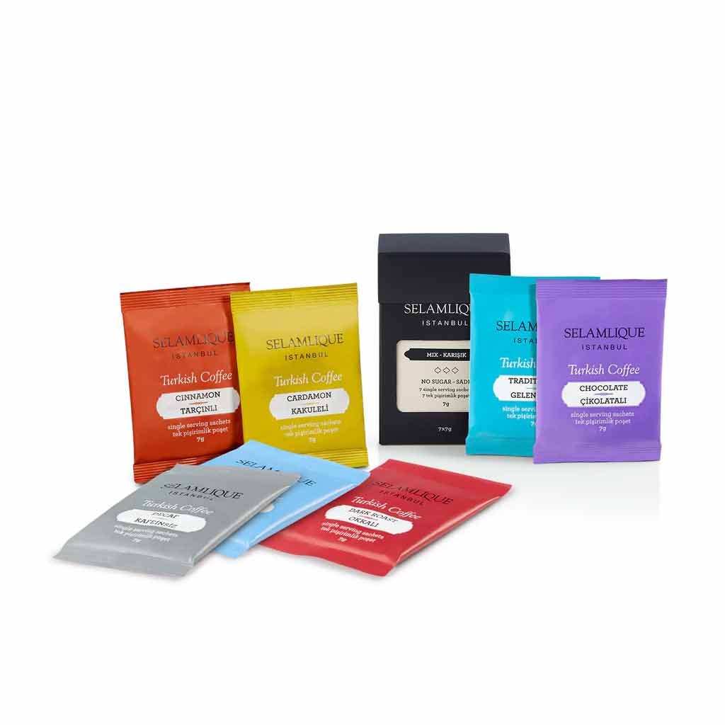 Selamlique Turkish Coffee Sachets Mixed Variety Pack 7g Arabica (63 Sachets)