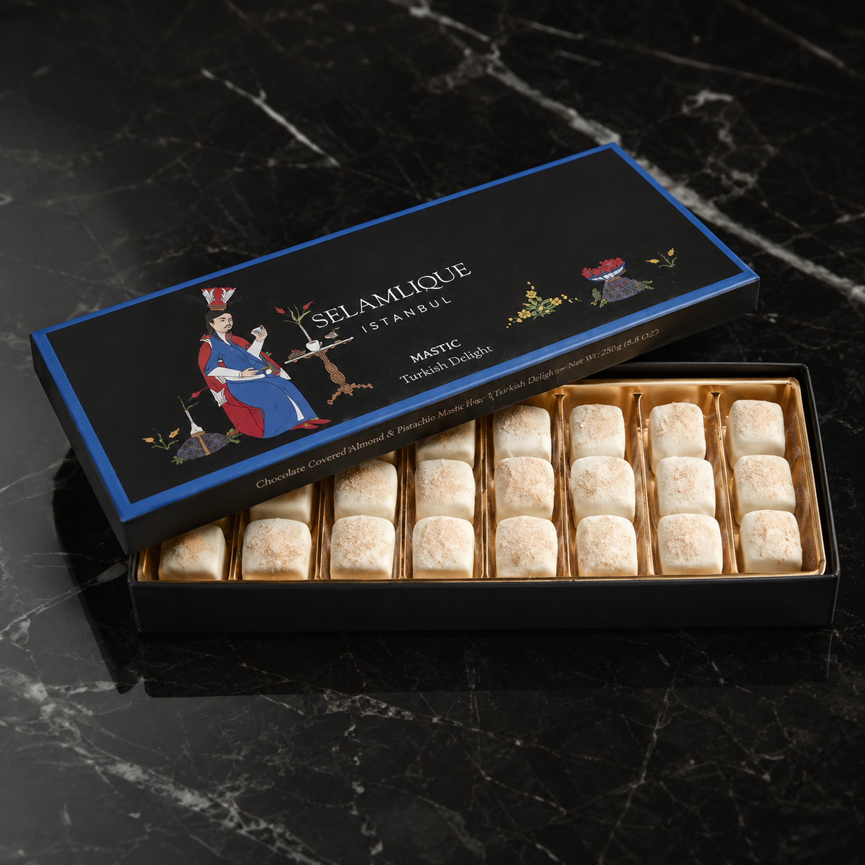 Selamlique Mastic Turkish Delight with Chocolate Covered Almond & Pistachio - 250g
