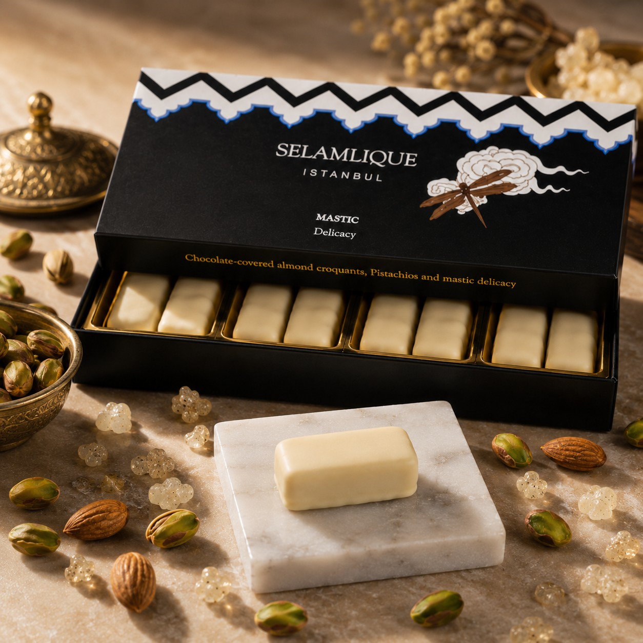 Selamlique Mastic Turkish Delight with Chocolate-Covered Almond Croquants & Pistachio – 170g