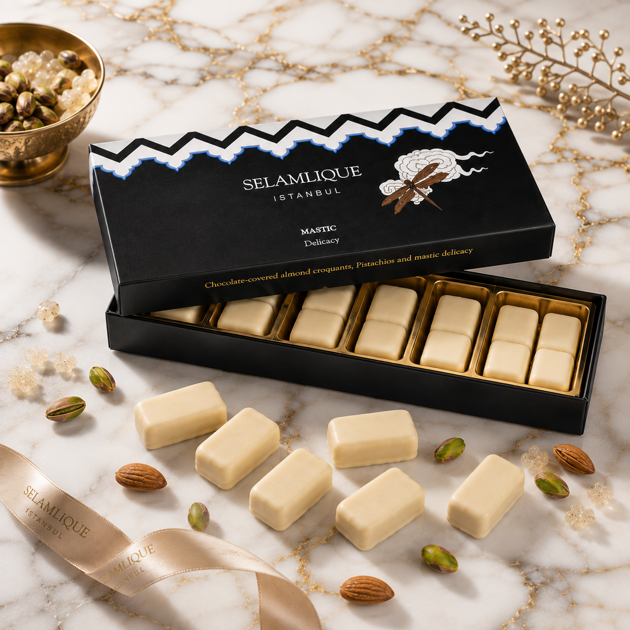 Selamlique Mastic Turkish Delight with Chocolate-Covered Almond Croquants & Pistachio – 170g