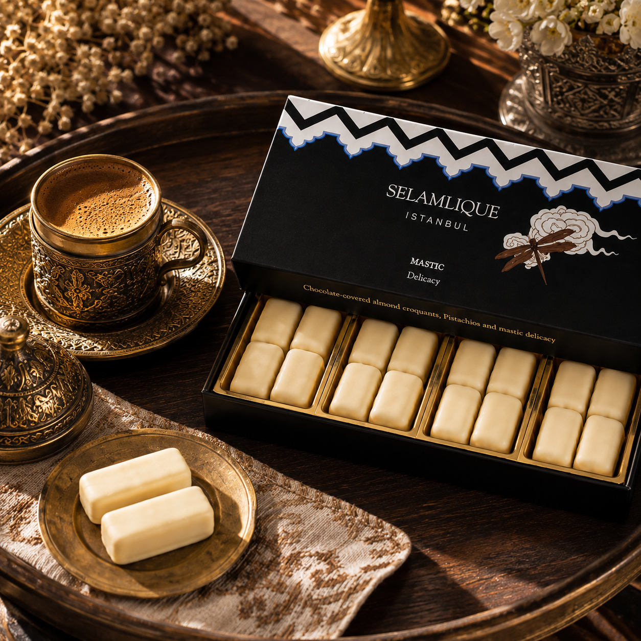 Selamlique Mastic Turkish Delight with Chocolate-Covered Almond Croquants & Pistachio – 170g