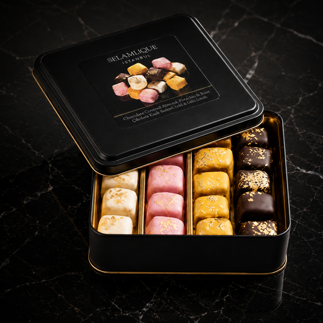 Selamlique Mixed Turkish Delight Assortment with Chocolate Almond, Rose & Pistachio - 220g