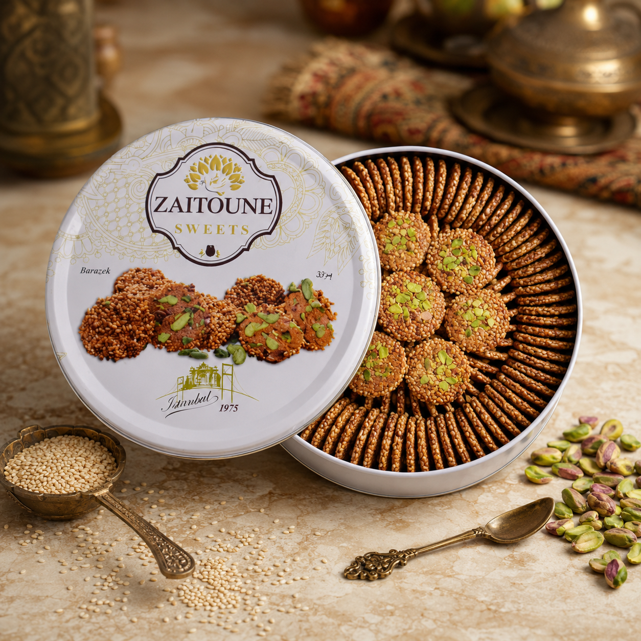 Zaytouna Turkish Barazek Cookies with Sesame & Pistachio - Traditional Crispy Cookies