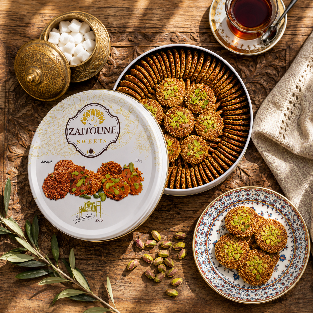 Zaytouna Turkish Barazek Cookies with Sesame & Pistachio - Traditional Crispy Cookies